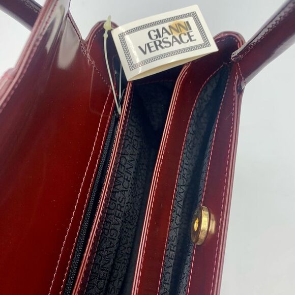 Auth Gianni Versace Small Bordeaux Enamel Top Handle Bag Structured Satchel - Picture 8 of 9